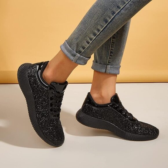 Brand New Women Black Rubber Glitter Sparkly Lightweight Tennis Shoes LUCKY STEP - Picture 7 of 9